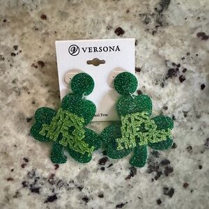 Versona Bright Green Glitter Shamrock Dangle Earrings